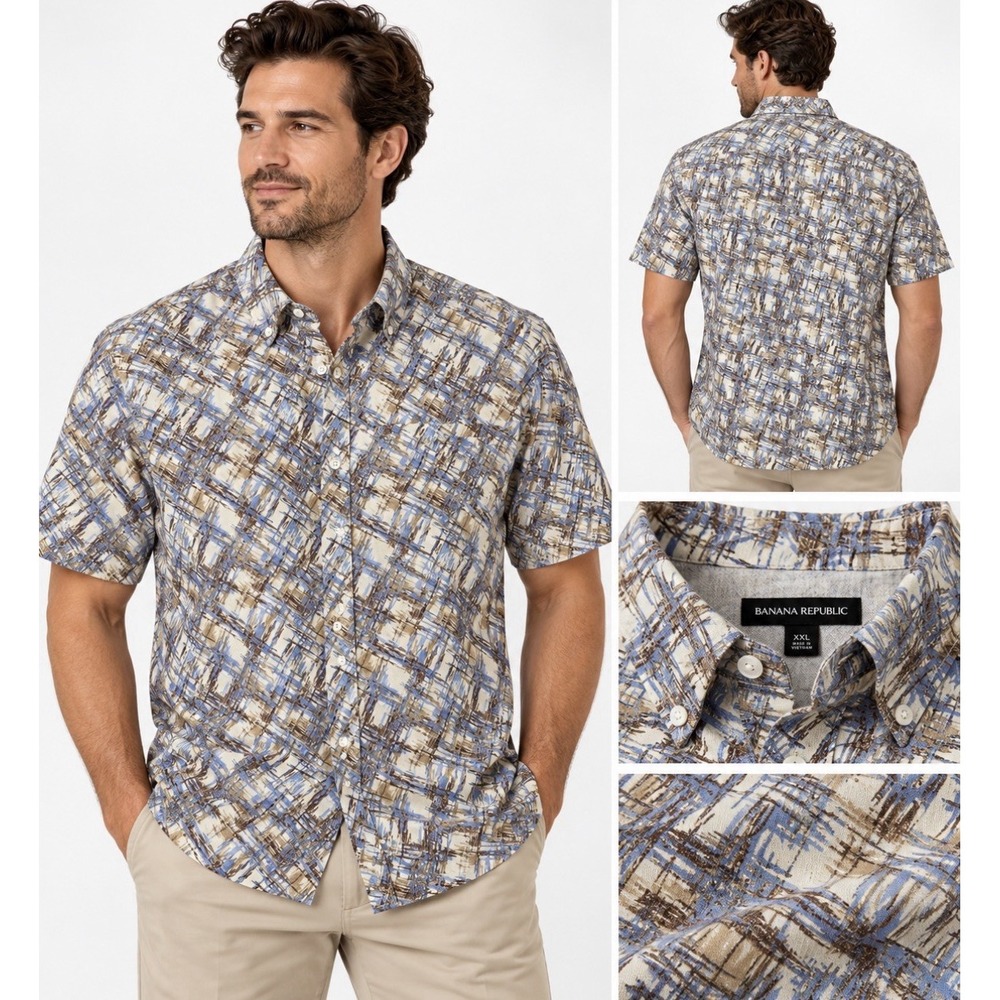 Jhane Barnes Mens XXL Short Sleeve Button Down Abstract Geometric Shirt Blue Tan